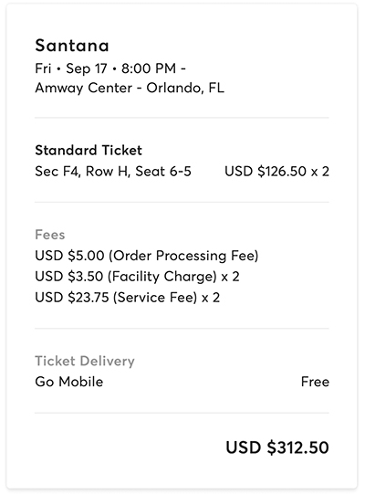 Concert ticket for Santana at the Amway Arena, Orlando Florida on 17 September 2021